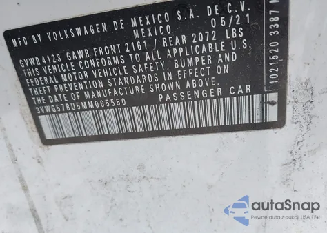 2021 Volkswagen Jetta 1.4T Sel Premium z USA, uszkodzony, nr VIN 3VWG57BU5MM065550